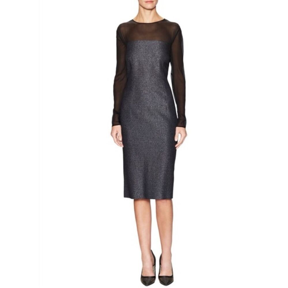 ✨Escada Metallic Grey Wool Blend Sheer Yoke Dariello Pencil Sz 36/6 Dress✨